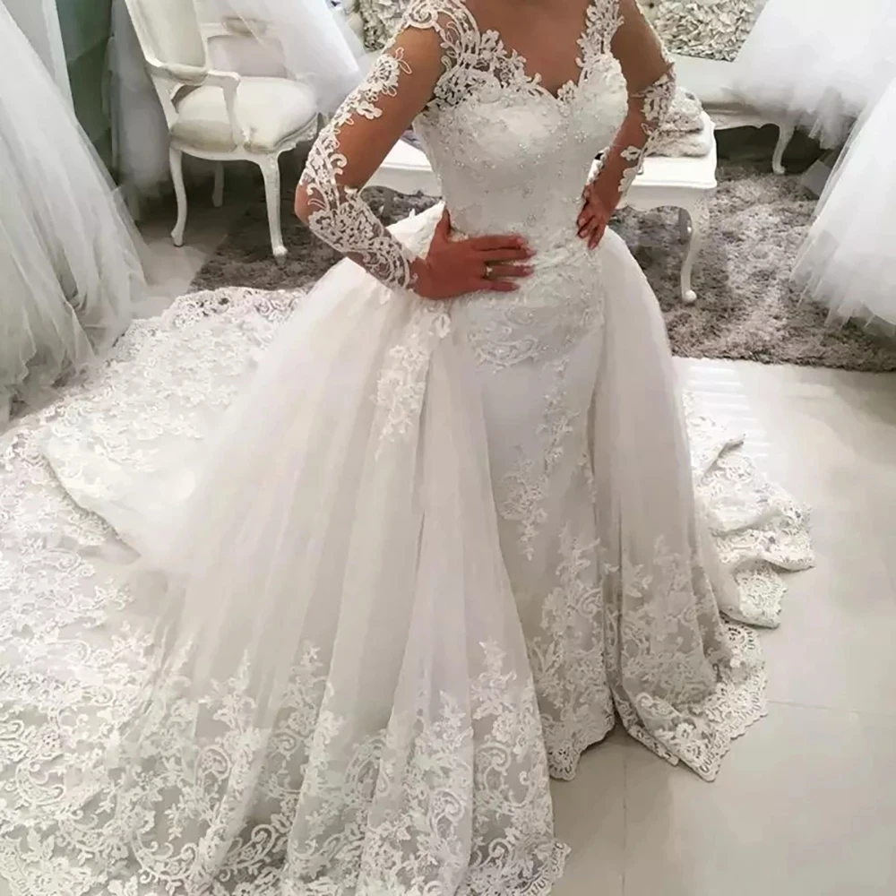 

ANGELSBRIDEP 2 in 1 Dress Mermaid Wedding Dress Detachable Train Lace Long Sleeves Amazing Bridal Gowns Formal Robe De Mariee