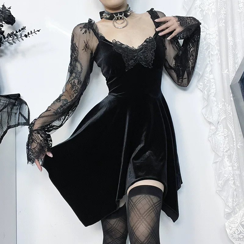 Yangelo Mall Gothic Velvet High Waist Dress Women's Mesh See Through Long Sleeve Splicing Irregular Dress