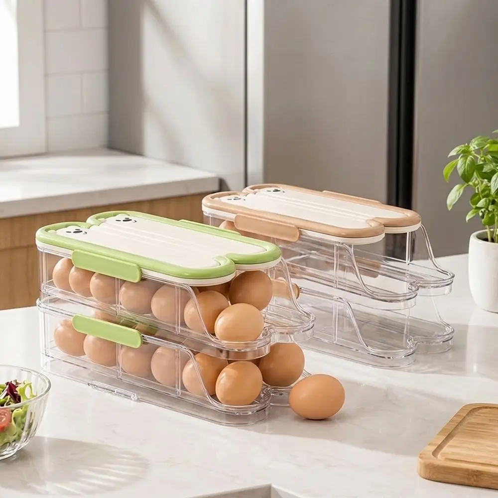 Food Grade Automatic Rolling Egg Container Large Capacity Transparent Egg Storage Box Stackable with Lid Refrigerator Egg Rack