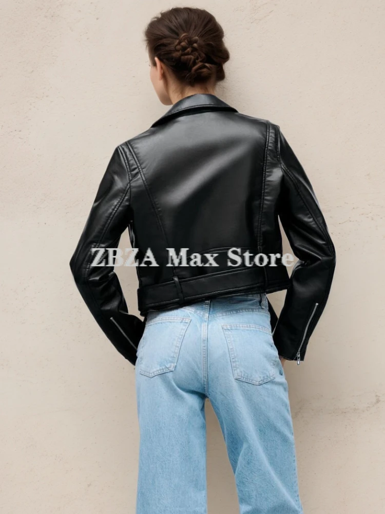 ZBZA Women PU Leather Locomotive Short Jacket Coat  Long Sleeves Lapel Oblique Zip Hem Belted Outerwear Fall Winter Female Coat