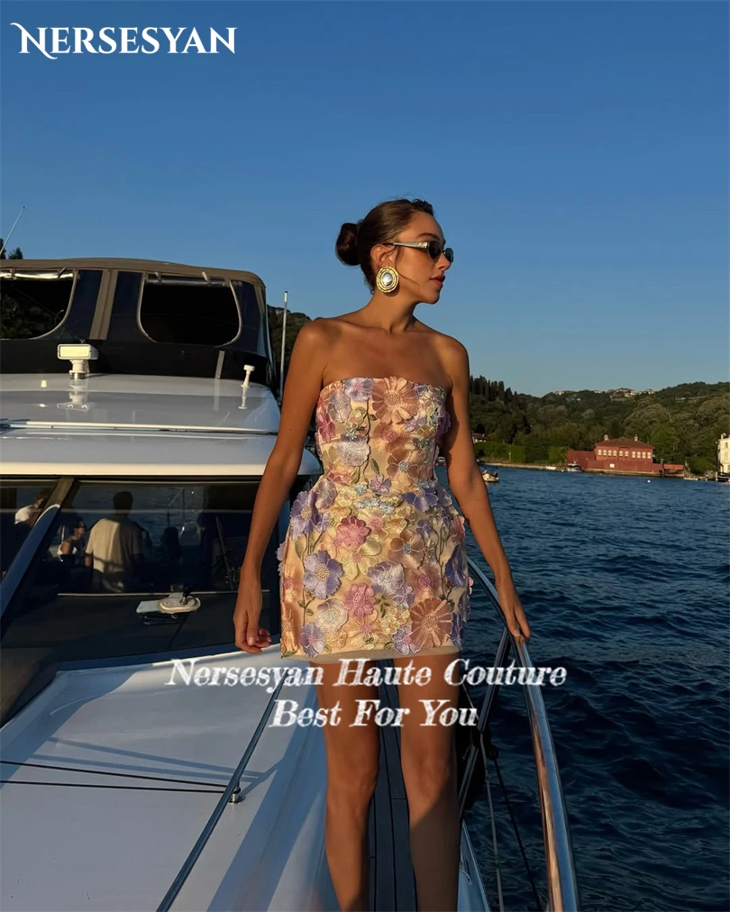 Nersesyan Boho Lace Prom Dresses Strapless Mini Appliques Cut Out A Line Party Gowns Backless 2025 Summer Guest Dress Customized