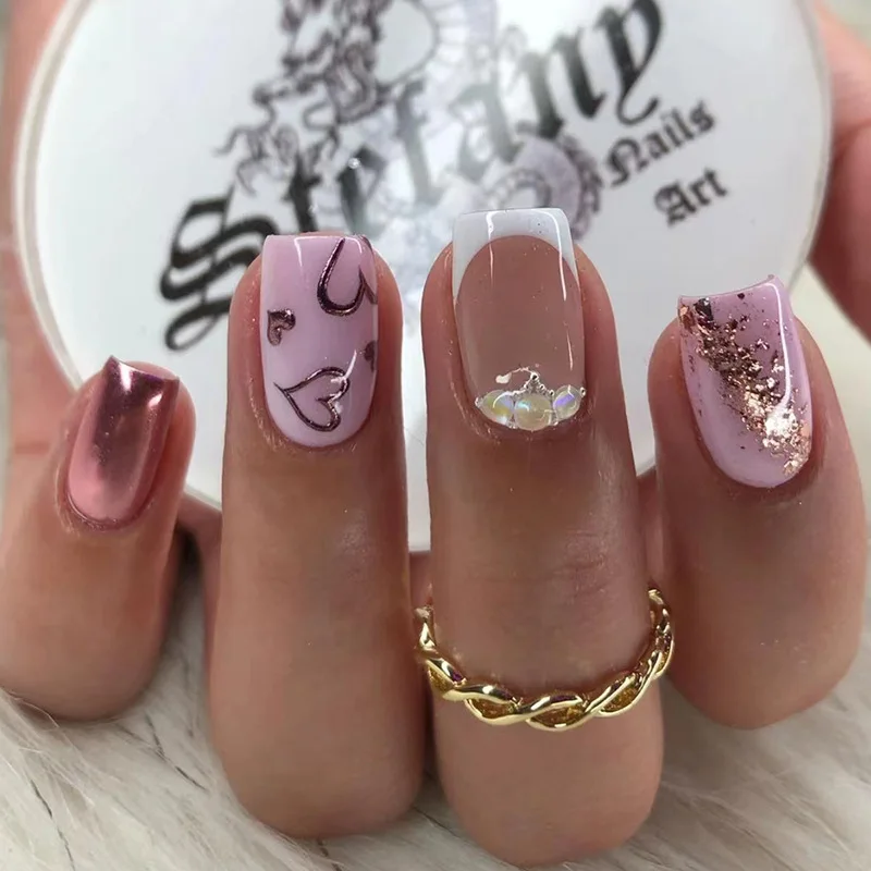 Valentine's Day Fake Nails White Edge French False Nails Glitter Heart Artificial Nail with Jelly Glue Lovely Press on Nail Tips