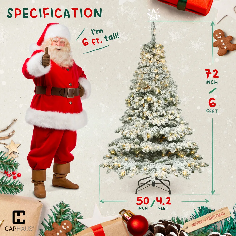 

4.5 / 6 / 7.5 Feet Artificial Pre-lit Christmas Tree, Spruce Snow Flocked Xmas Tree, Pre-Hinged, w/ LED Lights, Metal Stand