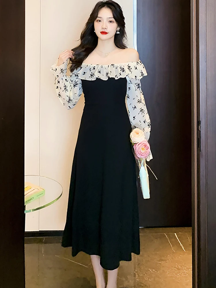 2024 Black Patchowrk Floral Mesh Long Sleeve Ruffled Slash Neck Sexy Club Midi Dress Women Autumn New Elegant Bodycon Chic Dress