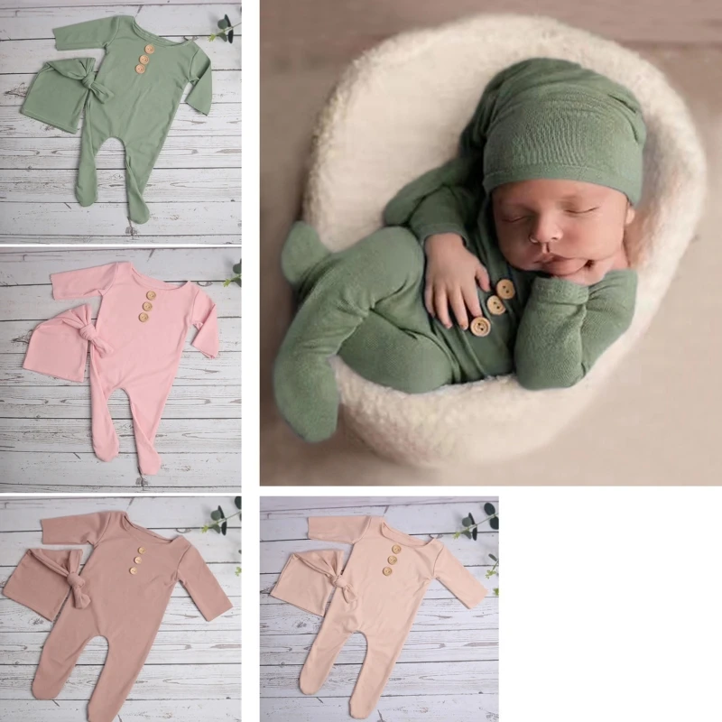 

2Pcs/Set Newborn Baby Long Romper Jumpsuit with Knotted Hat Buttons Solid Color Infant Coverall Photo Photography Prop Outfits