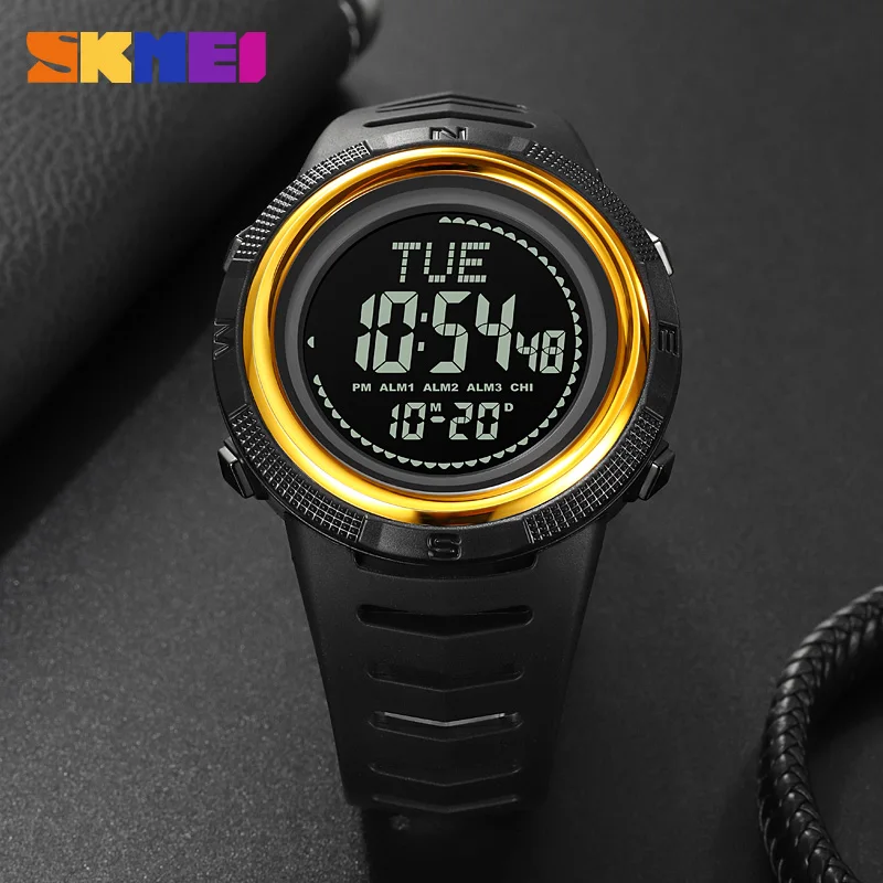 SKMEI Men Watch World Time Compass reloj hombre Sport Fitness Watches for Mens Digital 50M Waterproof Wristwatch 3 Alarm Clock