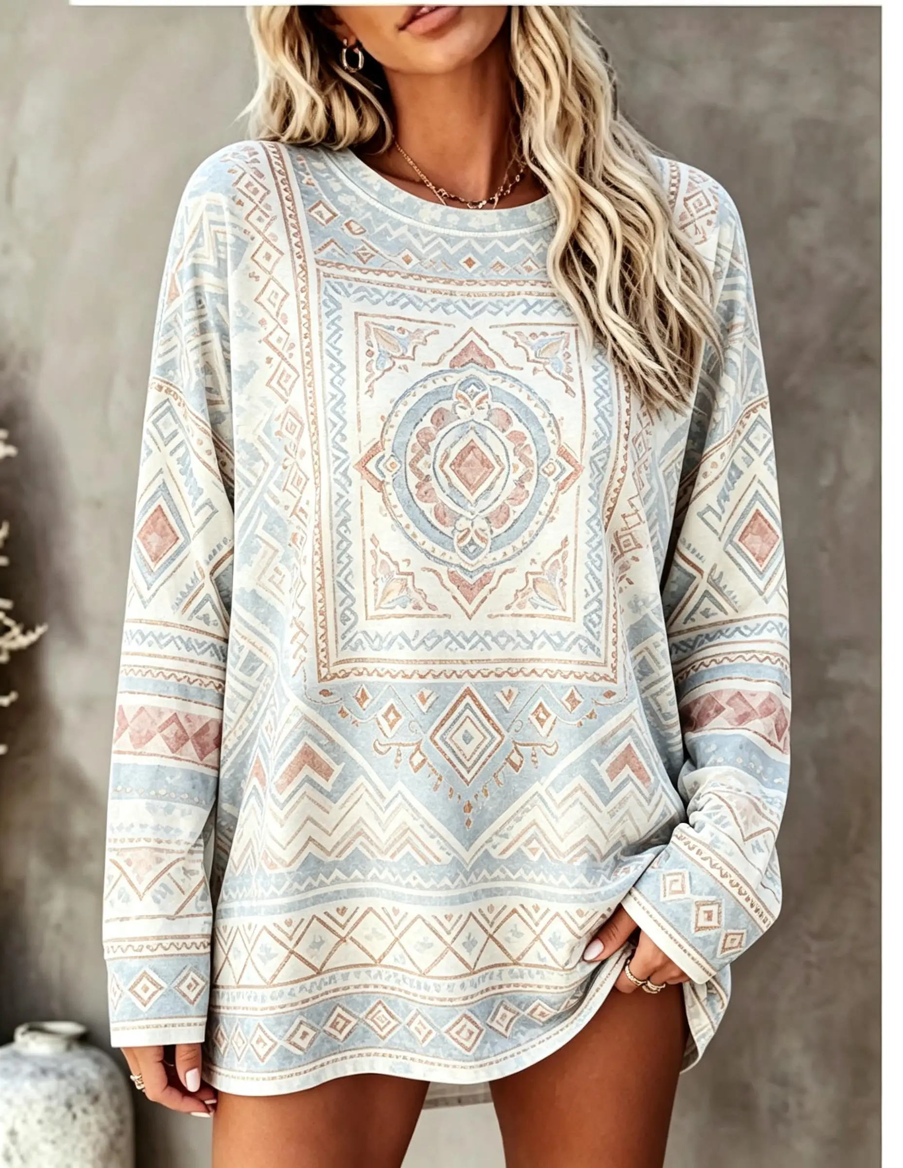Women Long Sleeve T‑Shirt Boho Ethnic Geometric Mandala Diamond Plaid Print Crew Neck Tunic Tops