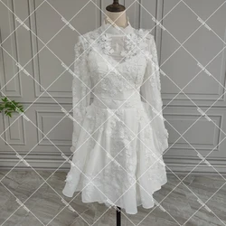 Mini Length High Scalloped Collar Wedding Dress Celebrity Floral Appliqués Long Puffy Sleeves Customized Short Bridal Gowns