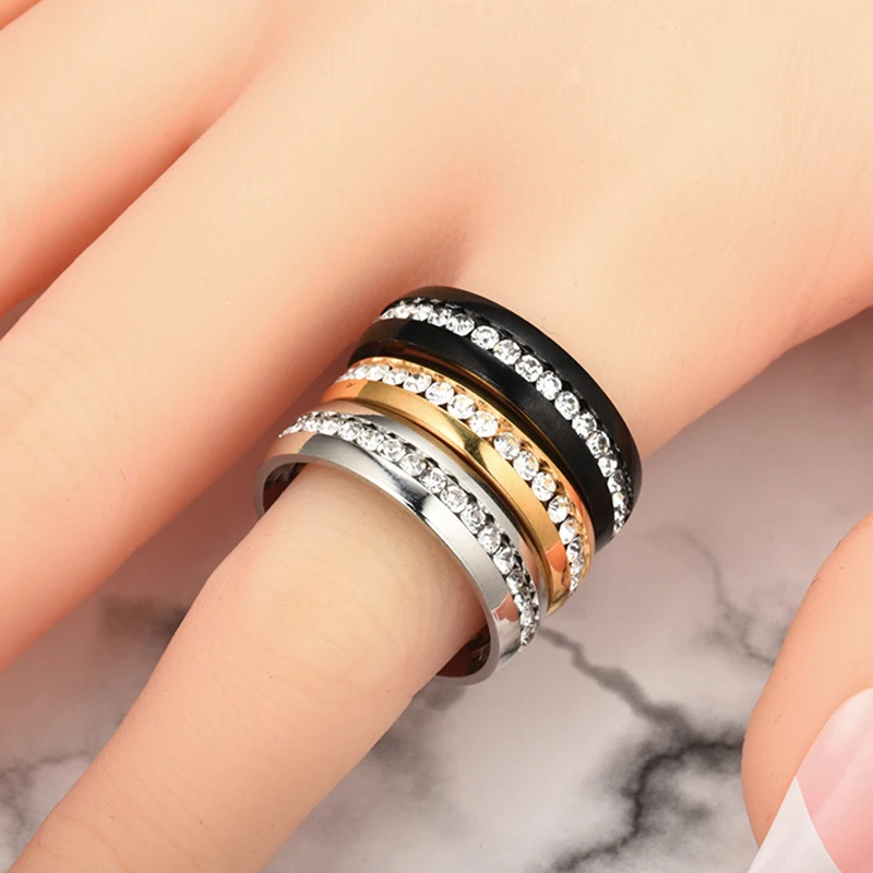 6MM Stainless Steel Crystal Rings For Women Fashion Full Rhinestone Titanium Steel Bride Ring Trendy Wedding Party Jewelry Gift