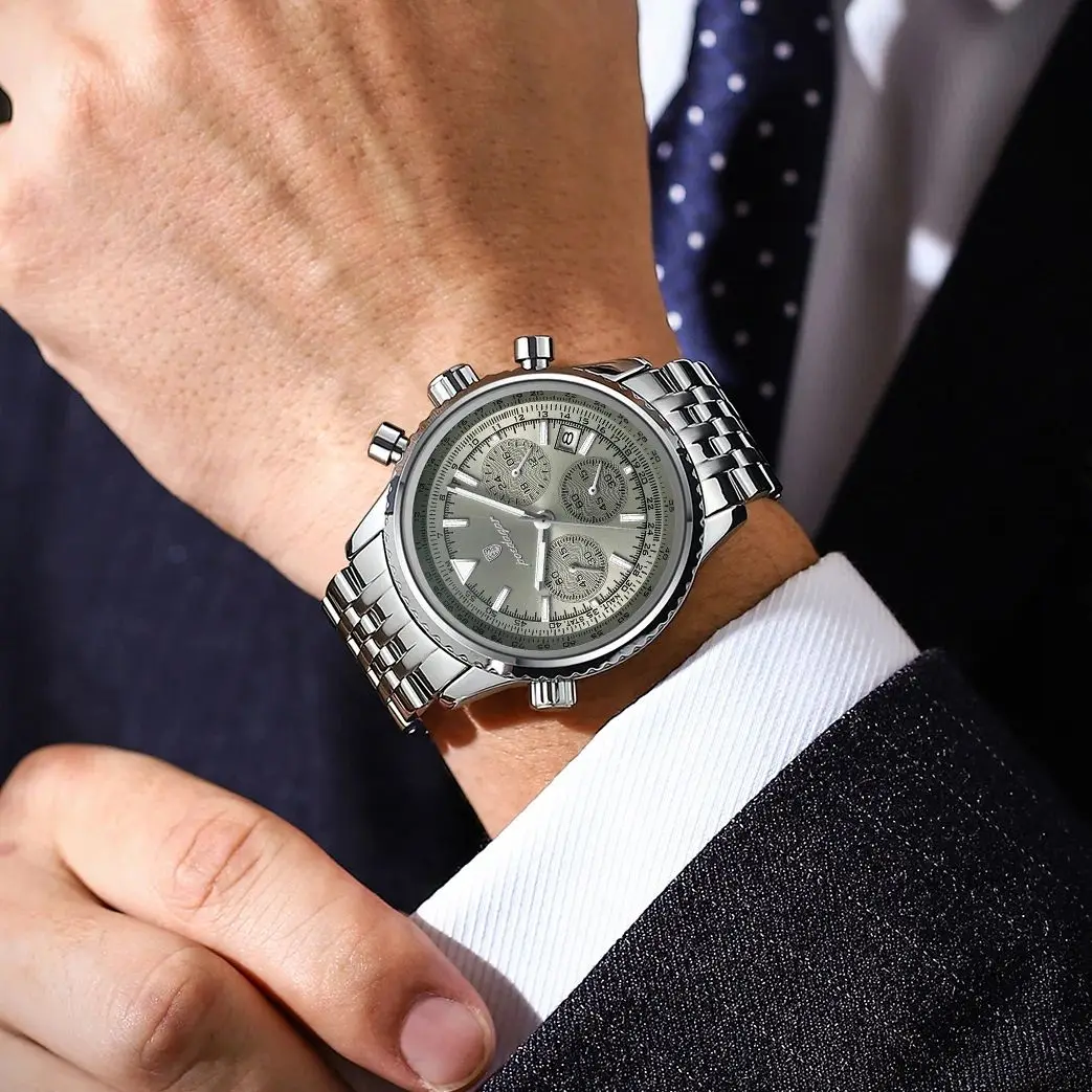 POEDAGAR ساعة رجالية عصرية فاخرة من الفولاذ المقاوم للصدأ مقاومة للماء كوارتز مضيئة ساعة رجالية تاريخ كرونوغراف ساعات رجالية عسكرية