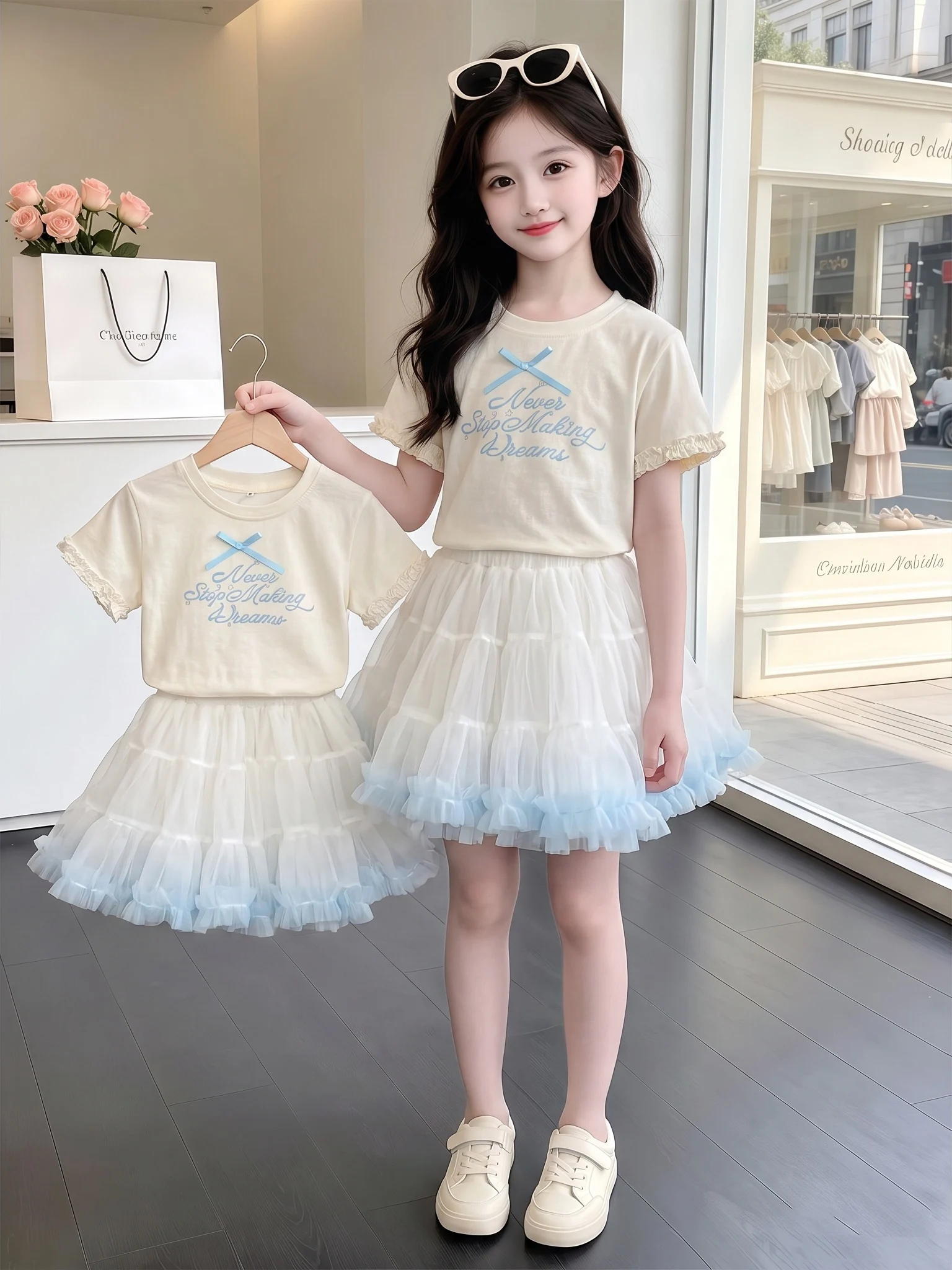 Girls Summer Casual Outfit Sweet Bow Trim Short Sleeve Skirt Set Two Pieces Set Children's Clothing Online Exclusive Item
