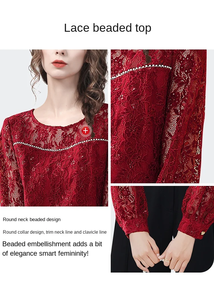 Fashion Women Crew-neck Red Lace Blouse Long Sleeve Hook Flower Hollow Beaded Shirt Loose Plus Size Ladies Casual Top Shirts