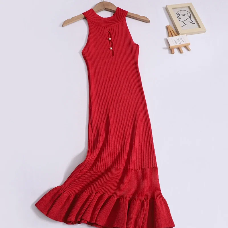 Cut Out Halter Summer Knitted Bodycon Sexy Dress O Neck Sleeveless Ruffled Party Sundress High Street Elastic Slim Short Dress