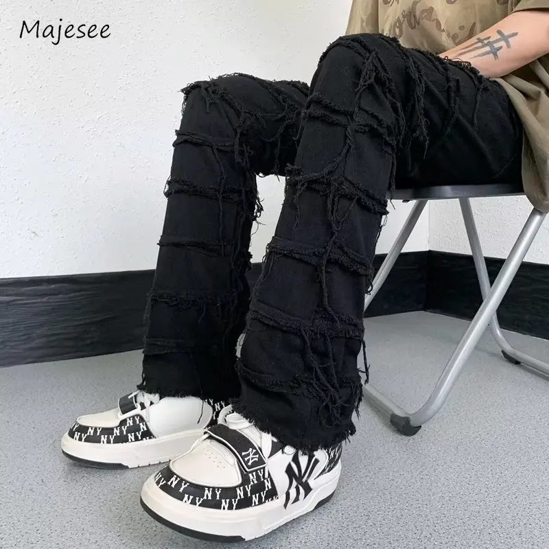 

Mens Jeans Retro Straight Casual Solid Color Spring Autumn Broken Raw Edge High Street Male Slim Trousers American Style Fashion