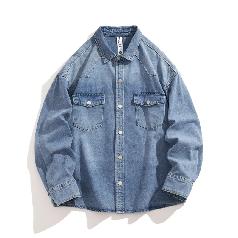 Men's American Vintage Work Shirt Denim Long Sleeve Relaxed Fit Casual Distressed Washed Cotton Shirt Jacket with Multi-Pocket