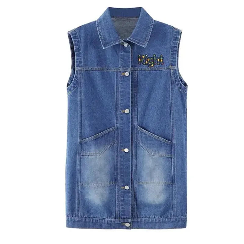 Women Long Denim Vest Coat Spring Autumn Retro Big Pocket Loose Sleeveless Jacket Large Size Female Jeans Windbreaker Waistcoat