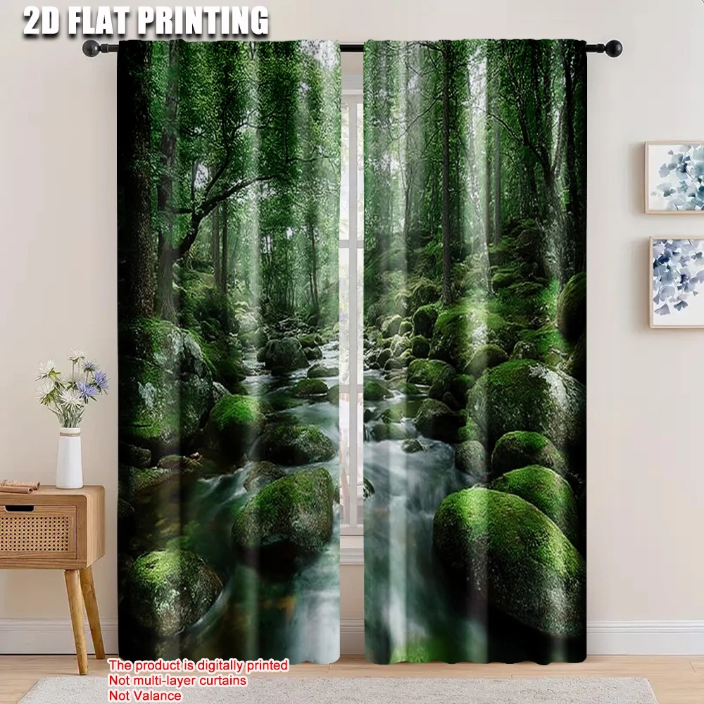 

2 шт., шторы с плоской печатью 2D, натуральный водопад, лес, универсальный, 100% полиэстер, без электричества, праздничный праздник, подходит для