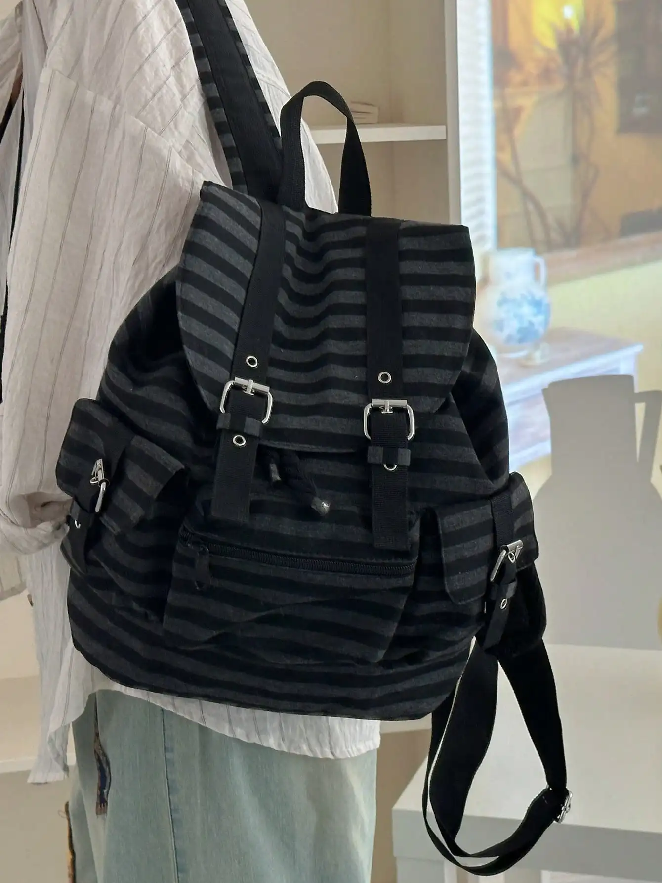 1pc Minimalist Large Capacity Multi-Pocket Striped Backpack, School Backpack Back To School Essentials sg25050451111831049