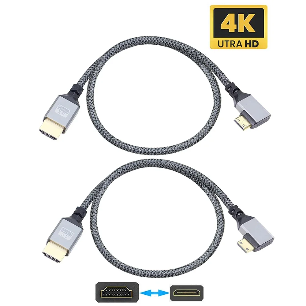 Kabel 0.5M 4K UHD 90 stopni w lewo/w prawo Mini, kompatybilny z HDMI, nylonowy przewód do kamerka do laptopa kamera DV HDTV