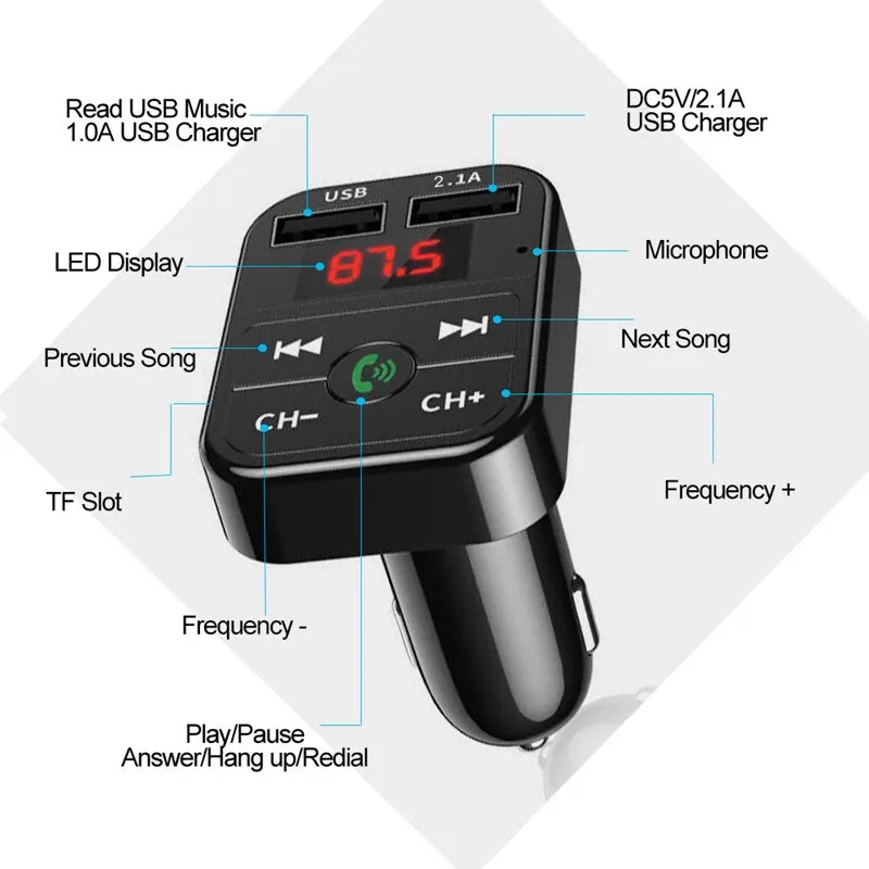 Car Bluetooth Receiver FM Transmitter Wireless Audio Adapter Hands Free MP3 Player Dual USB Fast Car Charger Bluetooth Car Kit