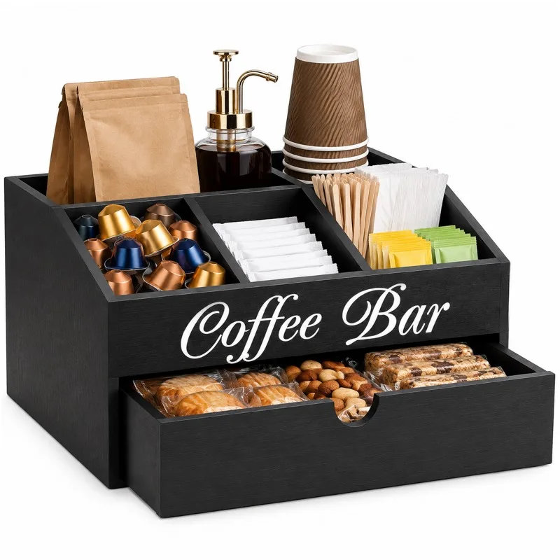 Organizzatore in legno per bar da caffè con cassetto, contenitore multiuso per la conservazione degli accessori da caffè, portacapsule per K-Cups, bustine di tè, confezioni di zucchero, scatola per