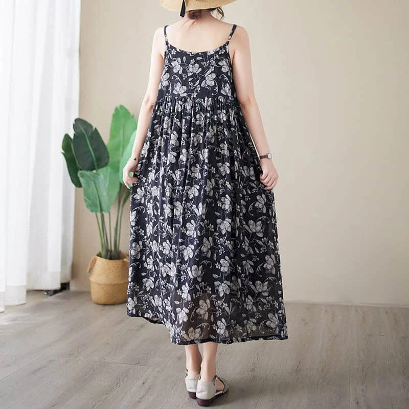 Women Dresses Vintage Summer Floral Printed Sleeveless A-line Casual Loose Korean Fashion  Mid-Calf  Dress for Women Clothing