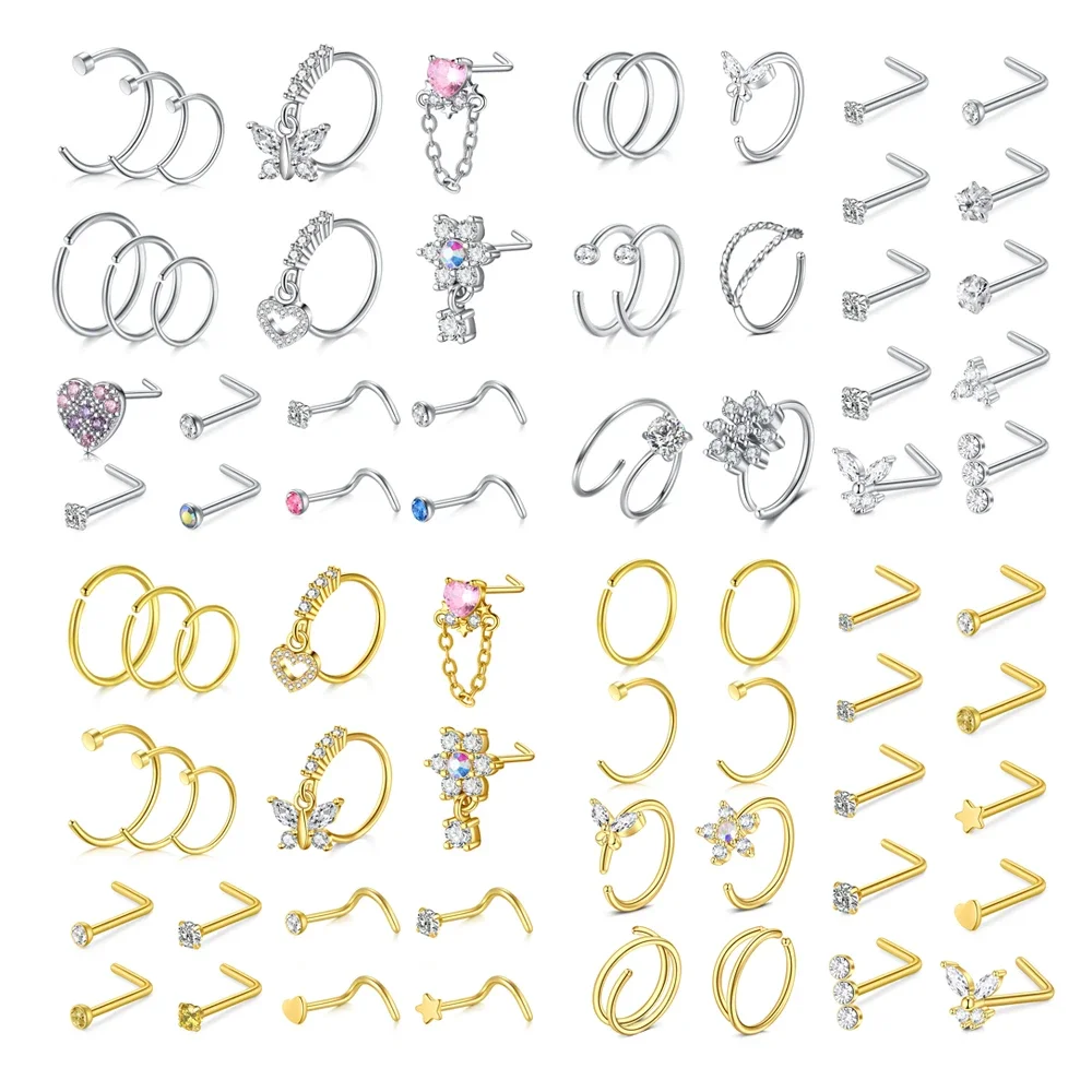 18Pcs Small Open Nose Rings Love Heart Pendant Nose Stud L Shaped Butterfly Flower Stainless Steel Spiral Nose Piercing Jewelry