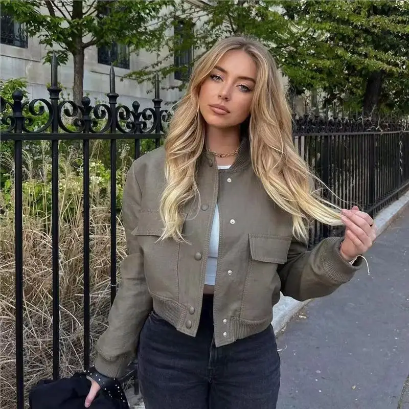 Women's Stand Collar Jaet Coat with Large kets  Colors Spring Autumn New Sle ort Outerwear Loose Fit Pure Color