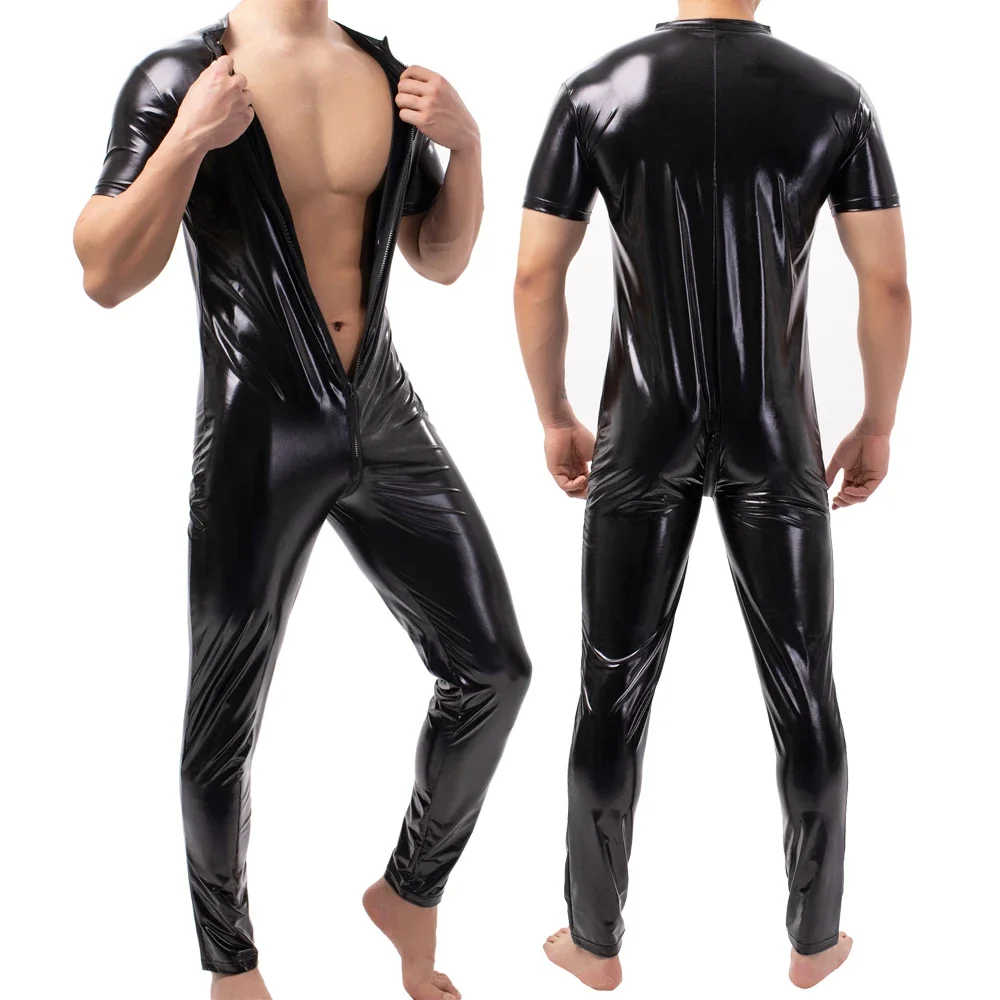 Mens Patent Leather Bodysuit Sexy Front Zipper Leotard Nightclub Stage Jumpsuit Wrestling Singlet Faux Leather Dance Clubwear