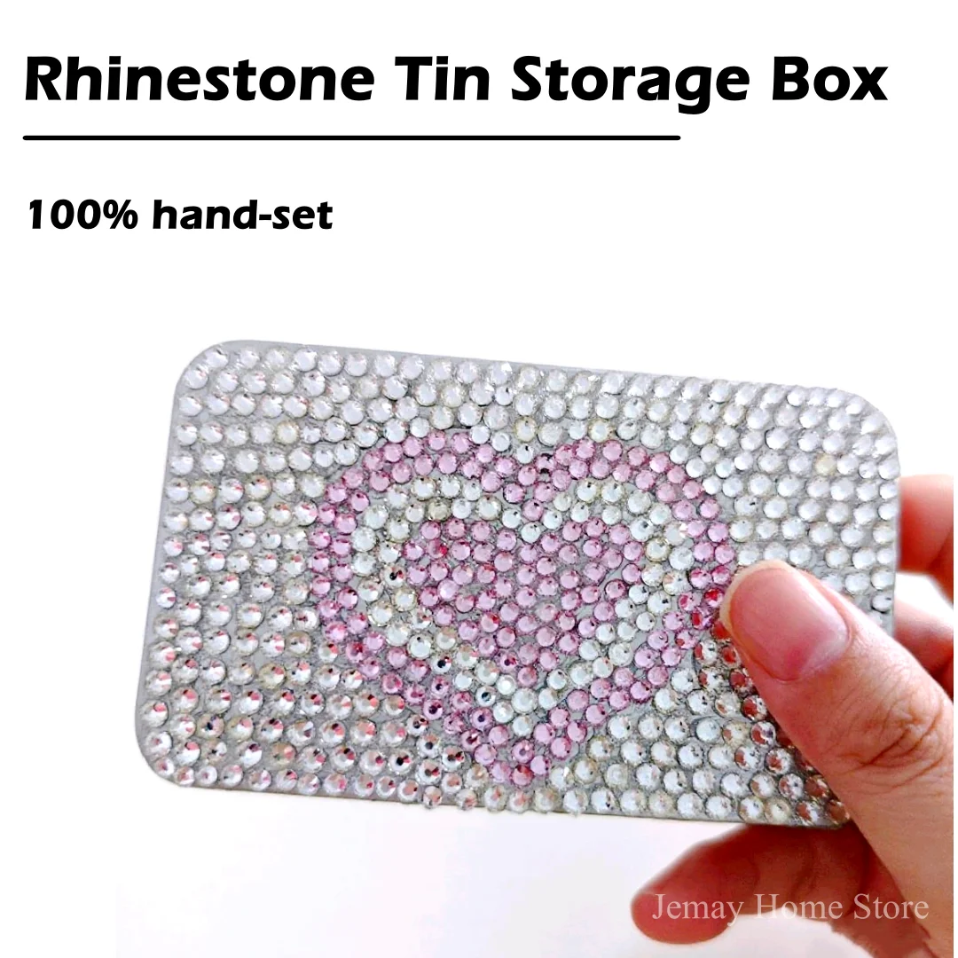 Heart Shaped Pill Box Organizer - Portable Metal Bling Case with Rhinestone Crystal Decor for Medicine Vitamin & Small Jewelry
