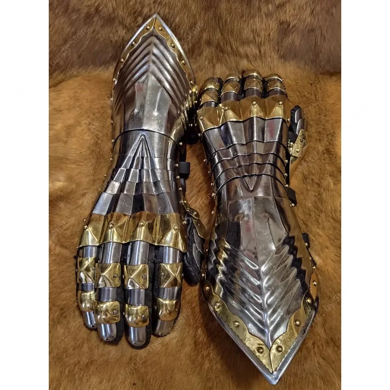 Wearable 15th Century Gothic Knight Gauntlets Articulated Steel Plate Armor Gloves with Brass Accents Medieval Reenactment/LARP
