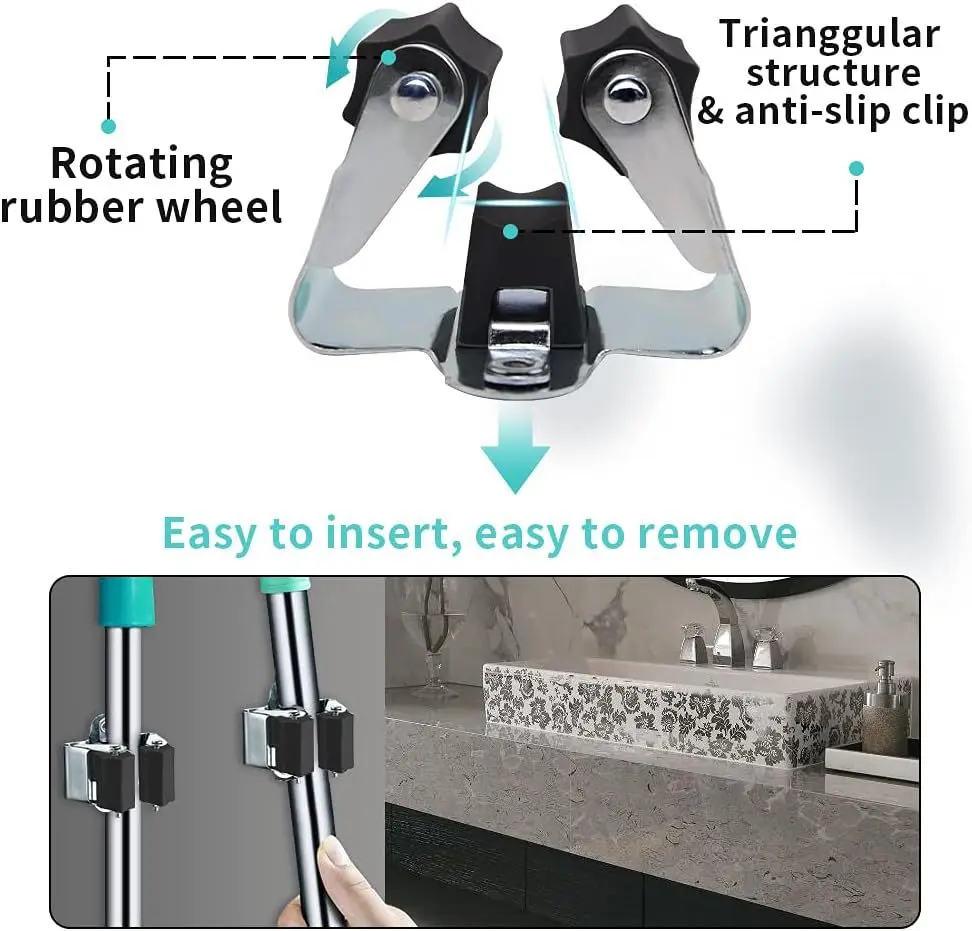1/4pcs Broom Hanger Mop Holder Heavy Duty Metal Mop Clips Wall Mounted Kitchen Bathroom Mop Brush Organizer Shelf Accessories - view 3