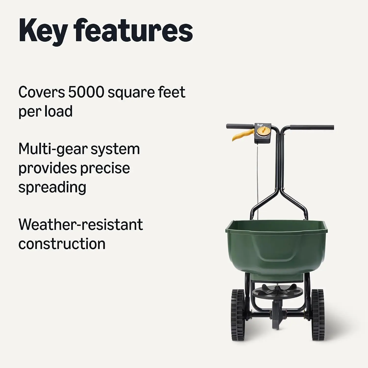 Fertilizer Spreader for Lawn, Evenly Spreading, Multi-Gear System, Covers 5000 Square Feet per Load, 33 Pounds, 0.53 Cubic Feet, All Season, 1-Pack
