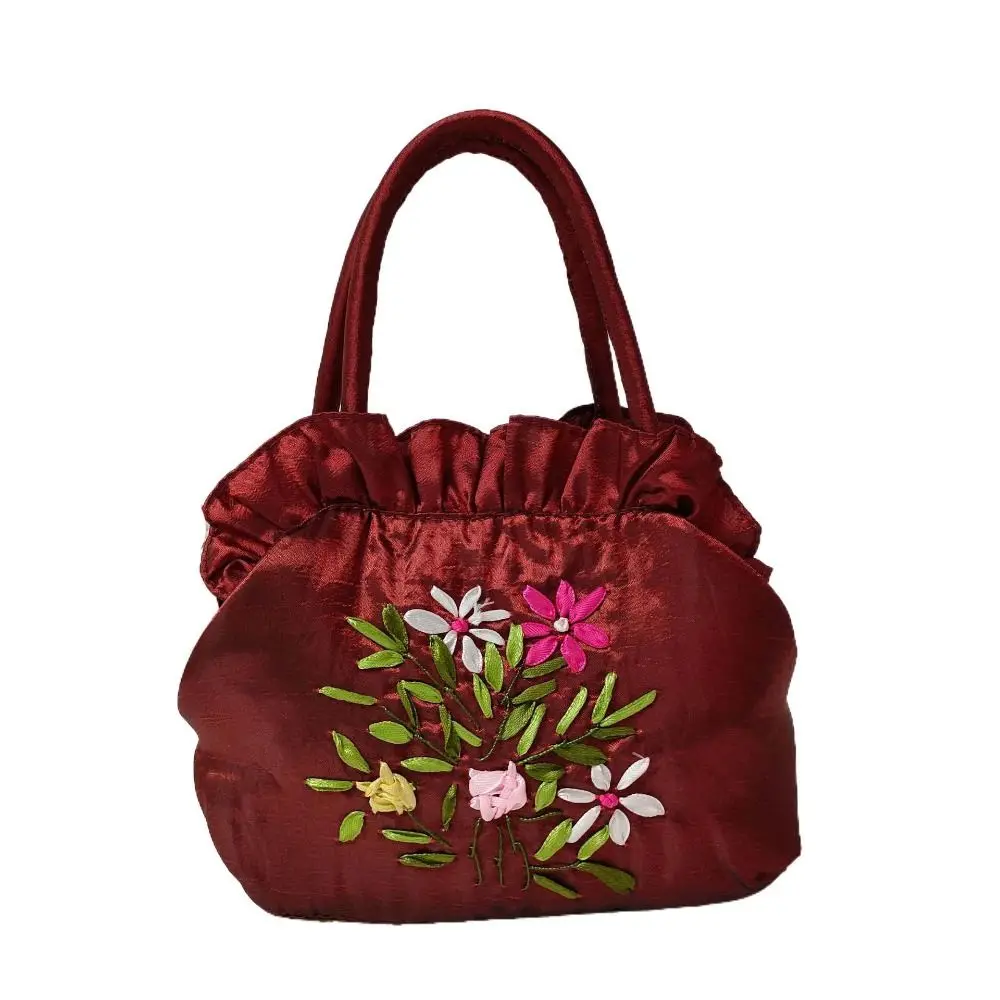 

Ruffle Embroidery Flower Handbag Leaf Satin Silk Zipper Flower Wrist Bag Mommy Bag Korean Ethnic Style Tote Bag Shopping