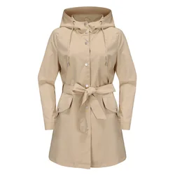 Spring Autumn New Hooded Water-repellent Jacket with Belt Thin Casual Loose Trench Coat Women Windbreaker
