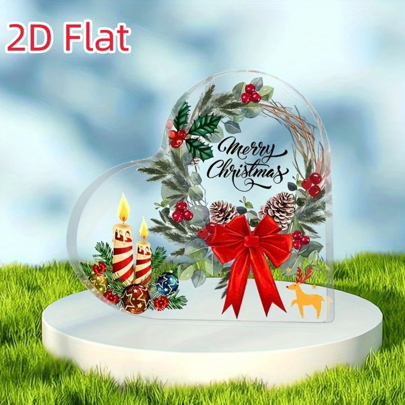 Heart‑Shaped Acrylic Christmas Tabletop Plaque, Wreath Bow Candle Merry Christmas Desktop Decor