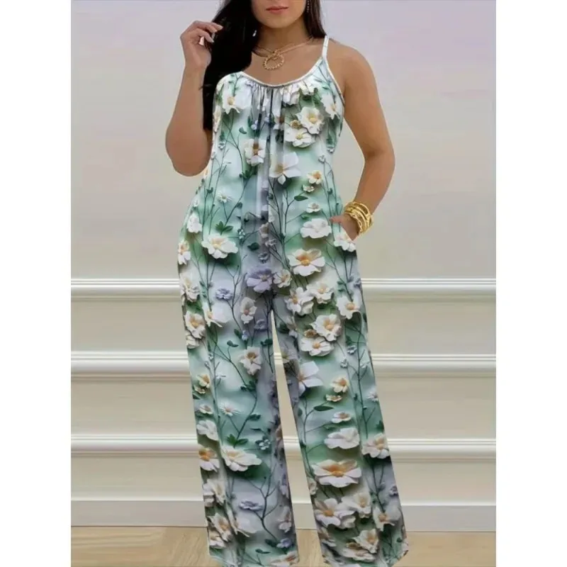

Elegant High-End Satin New French Style Strap Jumpsuit Long Pants Women Autumn New Hot-Selling Printed plus size