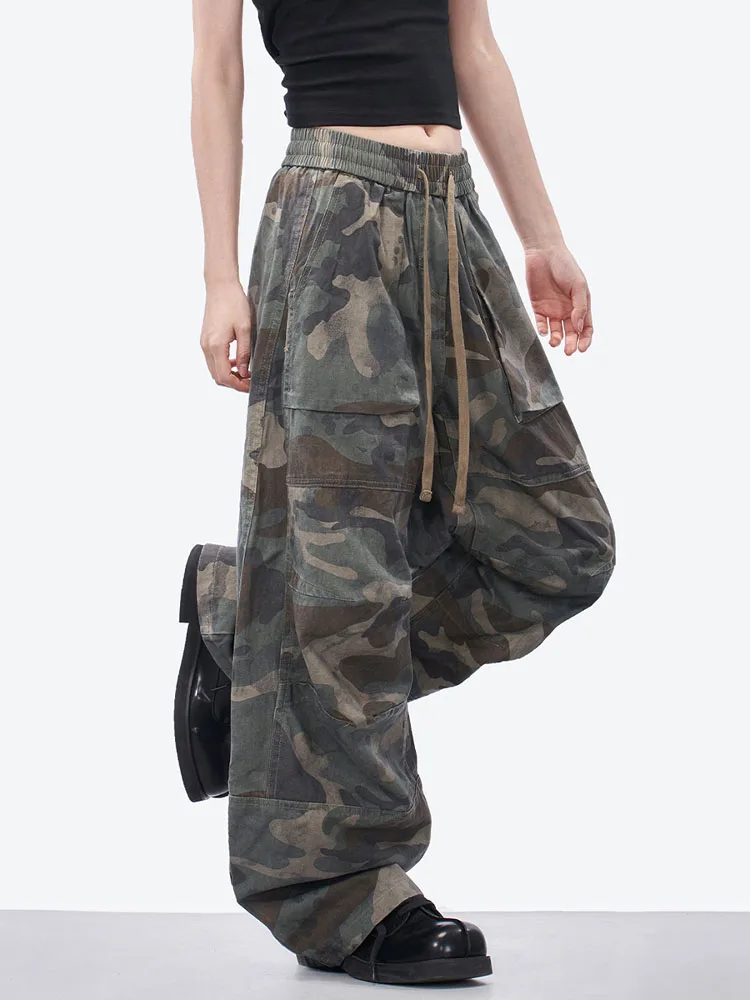 Amerykańskie spodnie robocze w stylu retro, kamuflaż, damskie, letnie, luźne, codzienne, proste nogawki, sportowe, szerokie nogawki.