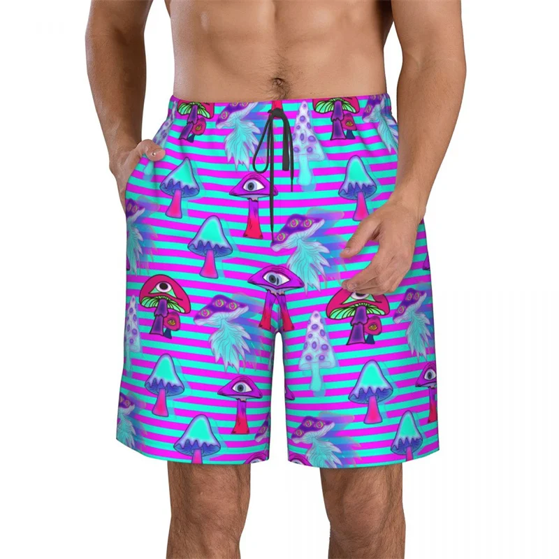 Colorido impressão 3d cogumelo luminescente praia shorts homens verão troncos de natação surf board shorts rua calças curtas de grandes dimensões