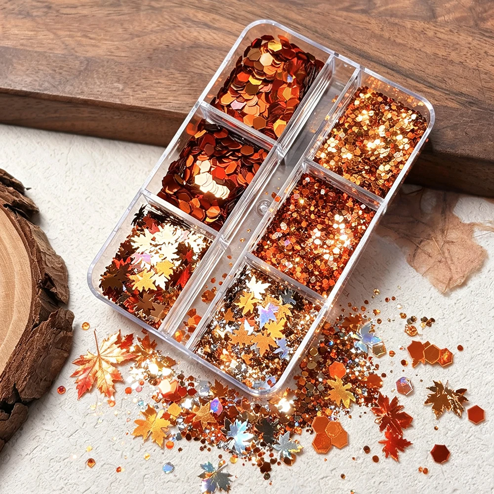 6Grids Gold Autumn Maple Leaf Nail Sequins Holographic Mixed Hexagon Glitter Flakes For Fall Salon Manicure DIY DIY Nail Supplie