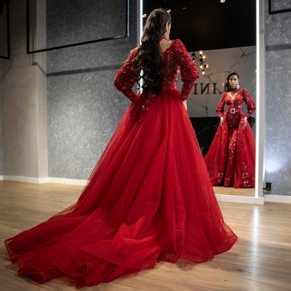 Vestidos de Noche rojos para mujer, vestidos de boda con lentejuelas y cuentas a la moda, vestidos formales de tul con tren desmontable, vestidos de fiesta de graduación de sirena