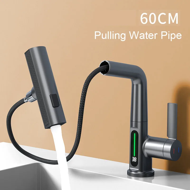 LED Stream Sprayer Kitchen Faucet Pulling Lifting Waterfall Faucets Bathroom Basin Hot Cold Water Mixer Sink Tap Lift Up Down