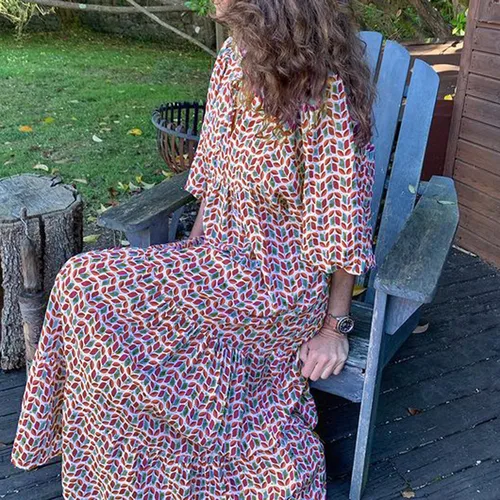 Vestido informal bohemio para mujer, vestido largo con estampado geométrico y escote con cordones y mangas abullonadas, bata de playa para vacaciones, Vestidos acampanados