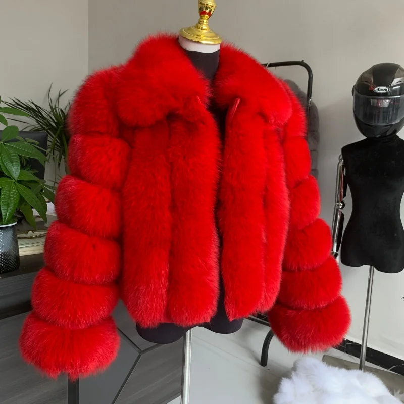HUAQIUMEISI Real Fox Fur Jacket Women's Winter Elegant Vertical Stripe With Collar Short Style 100% Natural Fox Fur Coat