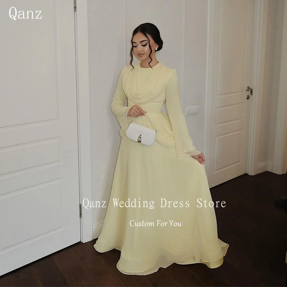 

Qanz Yellow Dubai Evening Dresses O Neck Long Sleeves Silk Chiffon Muslim Prom Dress Long Saudi Arabia Formal Occasion Dresses