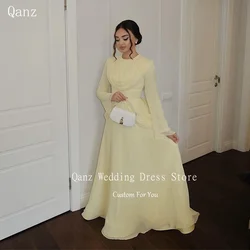 Qanz Customized Dubai Evening Dresses O Neck Long Sleeves Silk Chiffon Muslim Prom Dress Saudi Arabia Formal Occasion Dresses