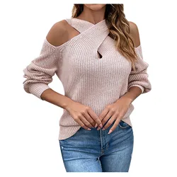 Suéter de punto con cuello Halter cruzado para mujer, manga de hombro con fugas, Color sólido, Otoño e Invierno