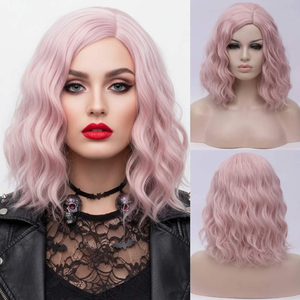 

MSIWIGS High Temperature Fibre Short Pink Wig Women’s Curly Middle Part Bob Cosplay Wig