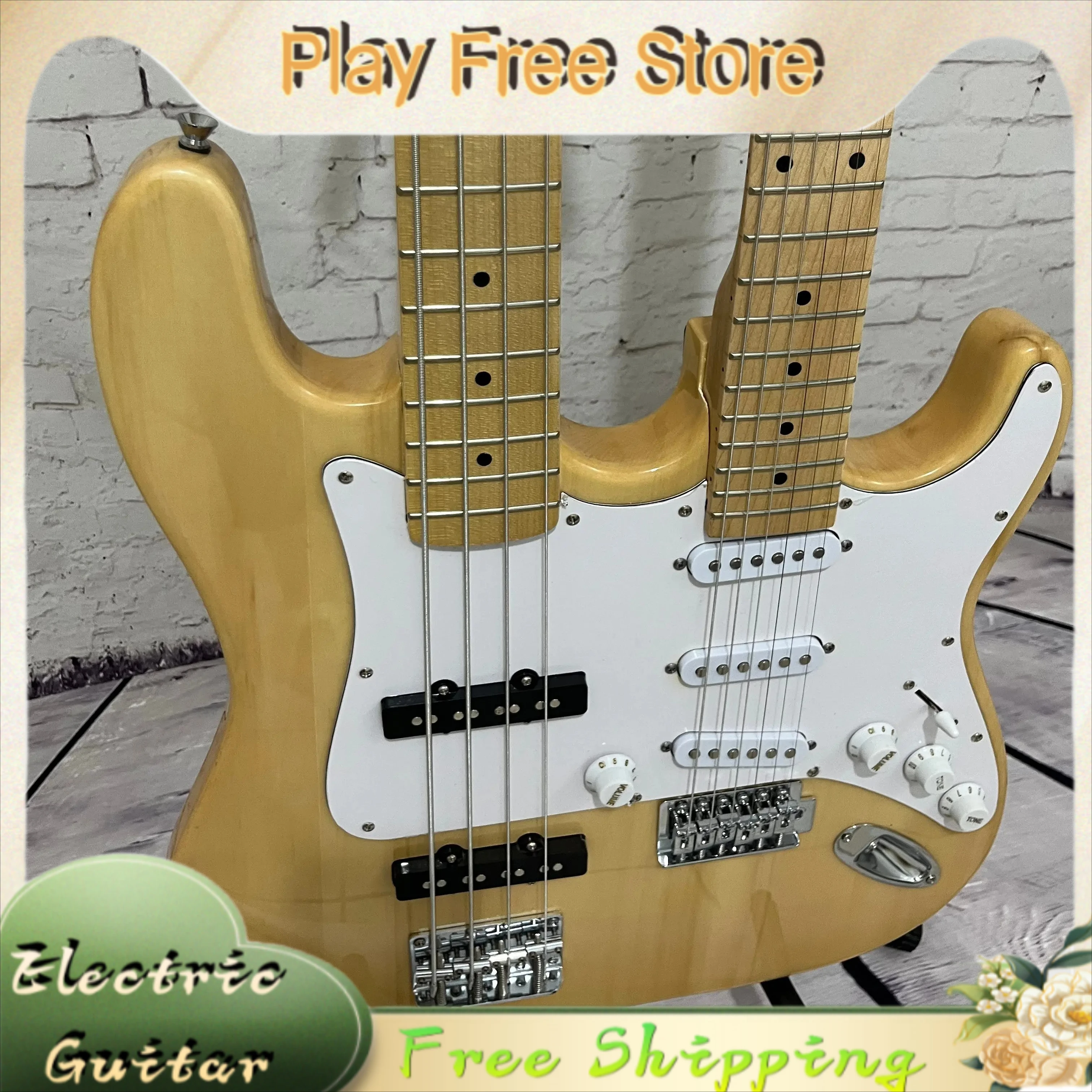 Guitar Yellow Double Neck  4 String Bass 6 String Guitar Natural Wood White Protective Board SSS Pickups Free Shipping New