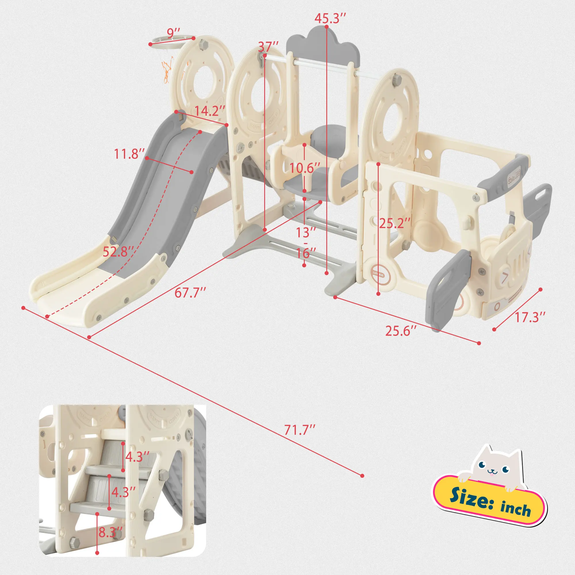 Kids 'Swing N-Slide com estrutura de jogo de ônibus, brinquedo autônomo com slide e swing para crianças pequenas, conjunto de slides com basquete Ho